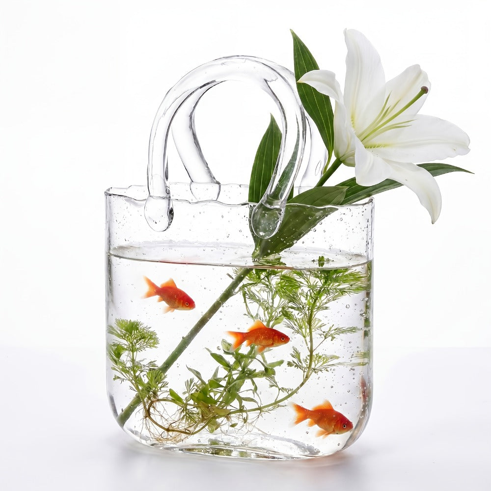 Glass Purse Vase for Flowers Glow in the Dark Vase Fish Bowl Bubble Clear Bag Vase with Handle 7.7x3.9x10.4In Unique Decorative Vases for Centerpieces Wedding Table Christmas Home Decor