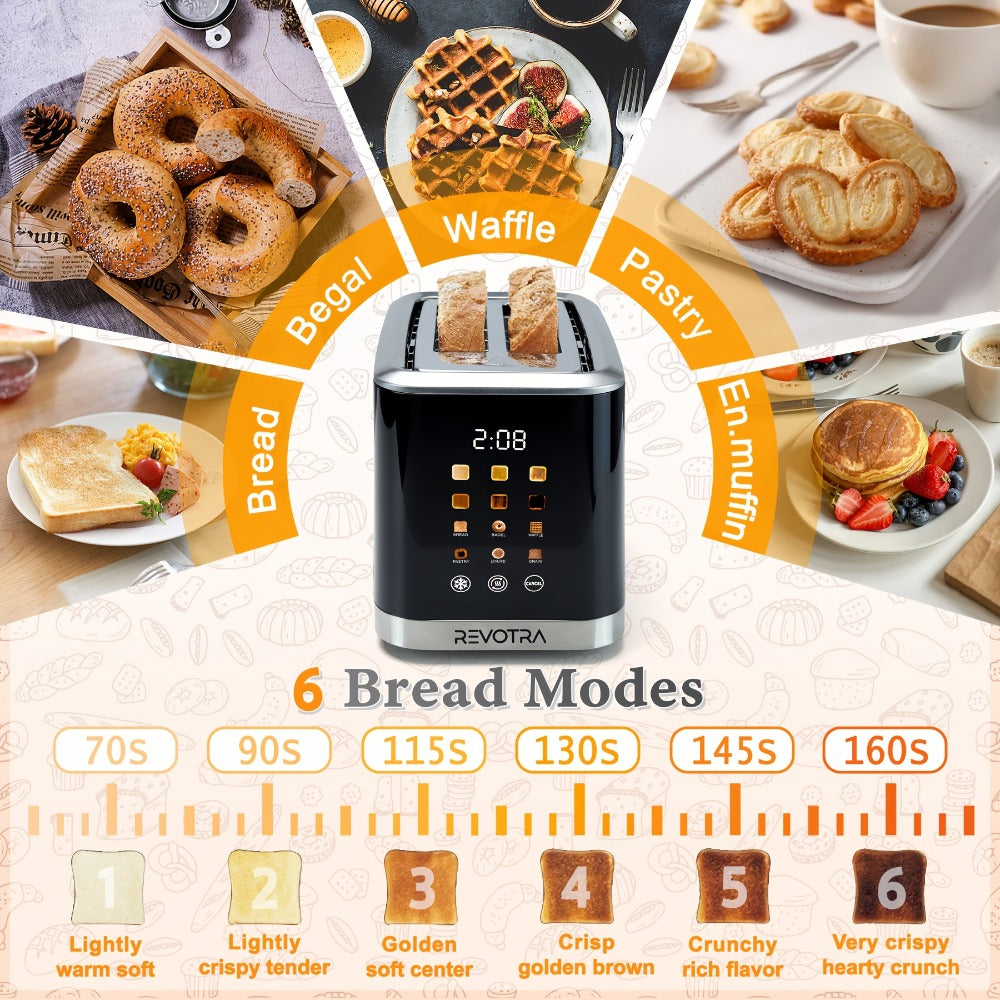 Stainless Steel Toaster 2 Slice with LED Display & Extra Wide Slots ¨C 6 Shade Settings, Defrost Reheat Cancel Functions, Removable Crumb Tray, Compact Design for Bagels, Waffles & Bread