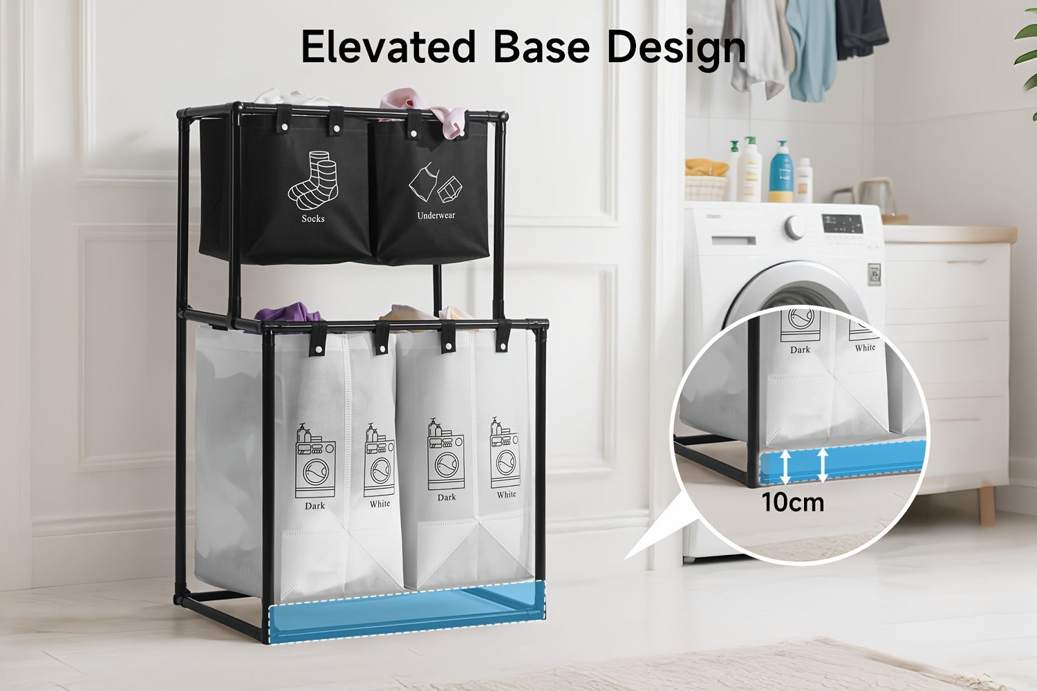 Laundry Sorter 2-Tier with Removable Bins - Collapsible Clothes Hamper Oxford Fabric Double Laundry Basket for Bedroom Bathroom Kids Adults Dorm Travel with 10 Cable Ties