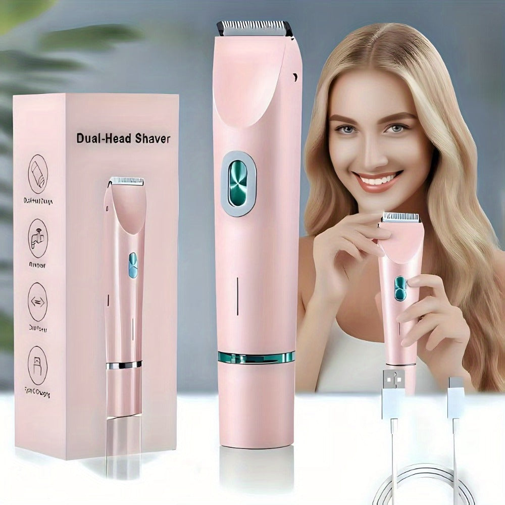 Bikini Trimmer for Women 2-in-1 Dual Head Electric Shaver - IP67 Waterproof Wet Dry Body Hair Remover for Bikini Area Underarms Legs Arms Face, USB Rechargeable Long Battery Life, Ergonomic Grip