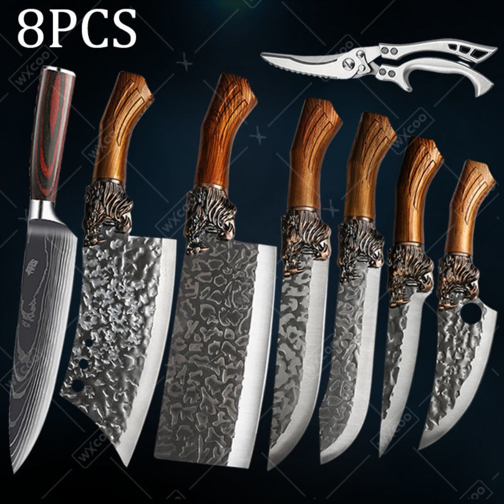 Chef Knife Set 8 PCS Professional Kitchen Knives - Stainless Steel Forged Blade, Boning Knife, Butcher Knife & Kitchen Scissors, Ultra-Sharp Full Tang Design