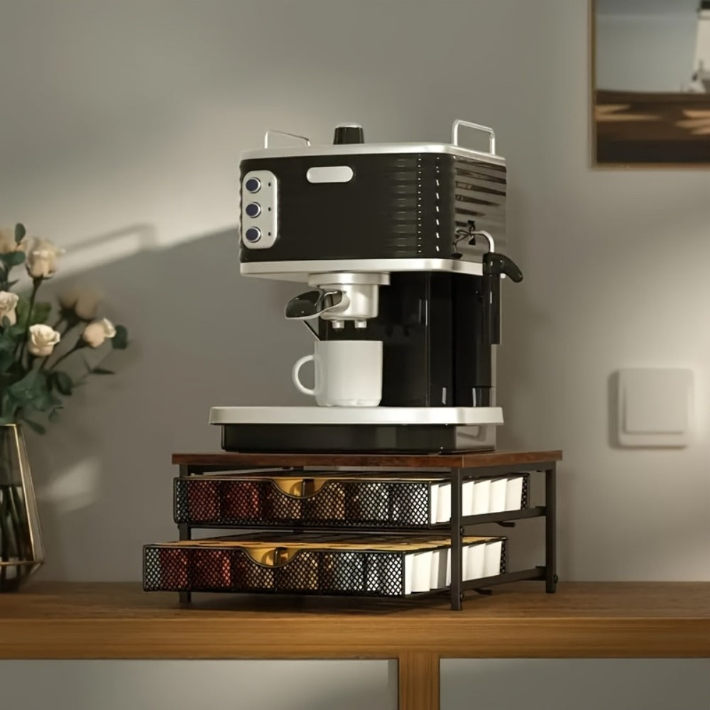 Coffee Pod Holder K-Cup Storage Drawer with Sliding Basket | 48-Capsule Double Layer Coffee Capsule Organizer for Countertop | Compatible with Nespresso Keurig Pods | Brown Coffee Bar Accessory