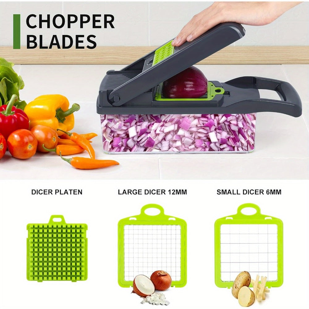 Vegetable Chopper 16-in-1 Manual Food Chopper Set ¨C 8 Interchangeable Blades with Container, Grater & Strainer ¨C Professional Onion Slicer & Dicer for Carrots, Garlic & Salad Kitchen Prep