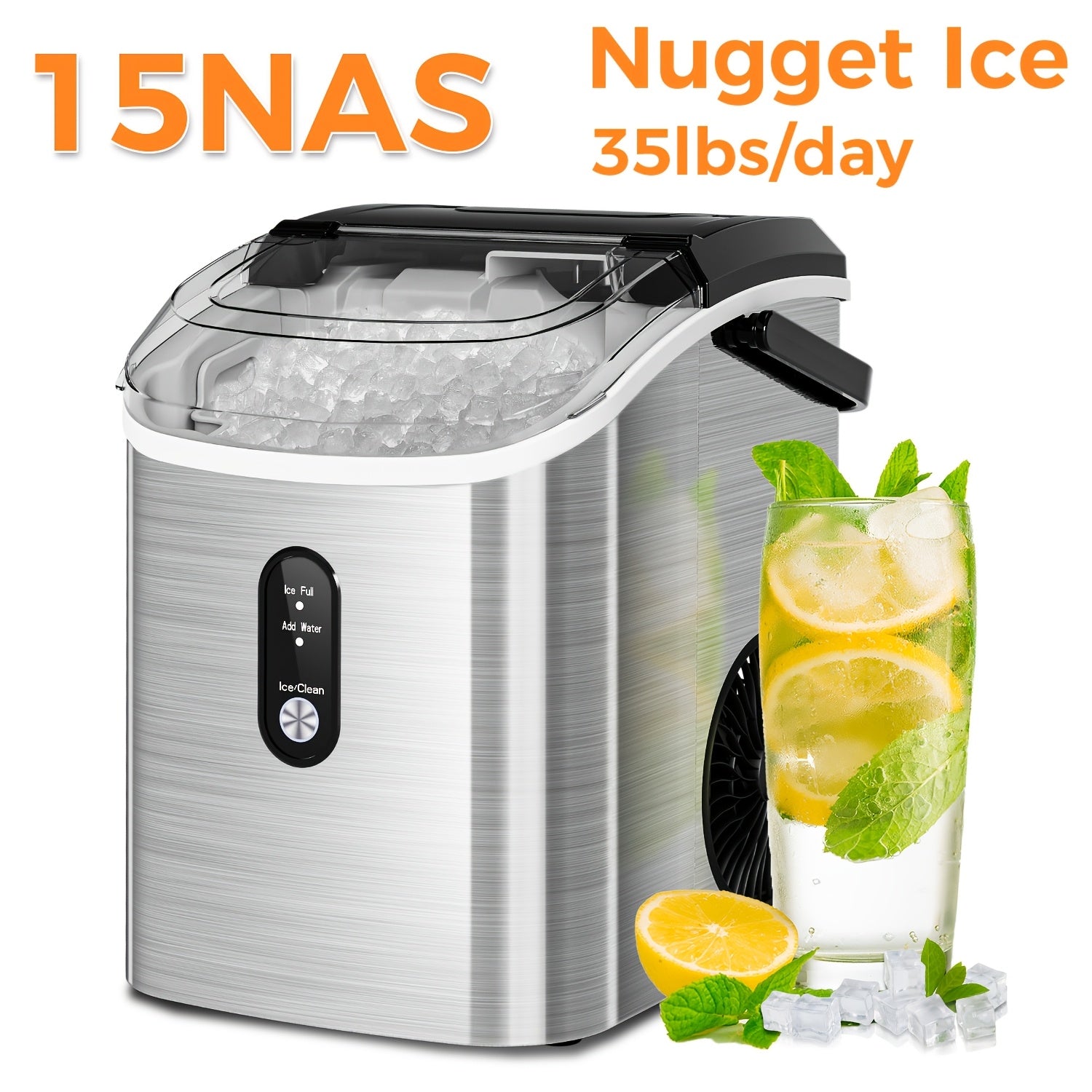 Stainless Steel Ice Maker Countertop ¨C 35 Lbs Soft Chewable Nugget Ice or 26 Lbs Bullet Ice, Pebble Portable Ice Machine for Home, Kitchen, Office, Party, RV & Camping