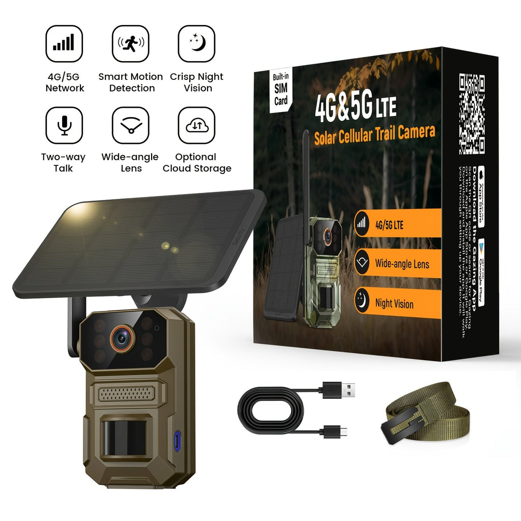 4G LTE Cellular Trail Camera with Solar Panel ¨C 4K Wildlife Monitoring Camera, PIR Motion Sensor, Infrared Night Vision, Two-Way Voice, Remote Access, No WiFi Required, for Hunting & Security (Camo/Brown)