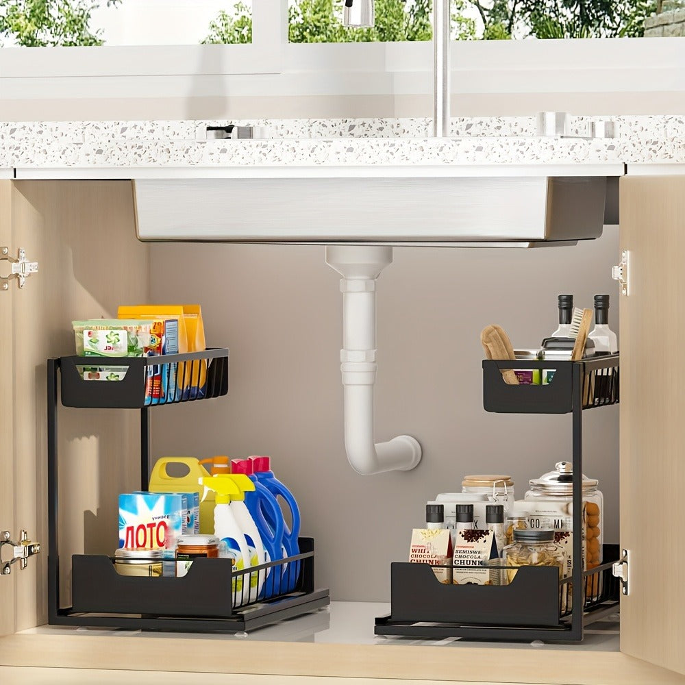 Under Sink Organizer 2-Tier Sliding Pull-Out Metal Rack Cabinet Storage for Kitchen Bathroom Refrigerator Adjustable Shelf Organizer in Black White Gray