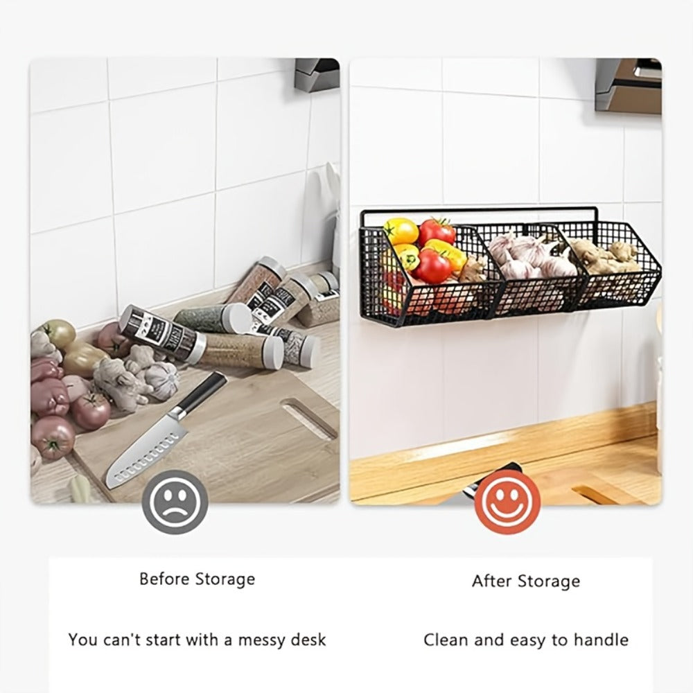 Wall Mounted Kitchen Storage Basket ¨C Metal Wire Rack Organizer, 2 or 3 Grid Tier, Space Saving Vertical Pantry Shelf for Spices, Snacks & Beverages, Home Kitchen & Retail Store Display