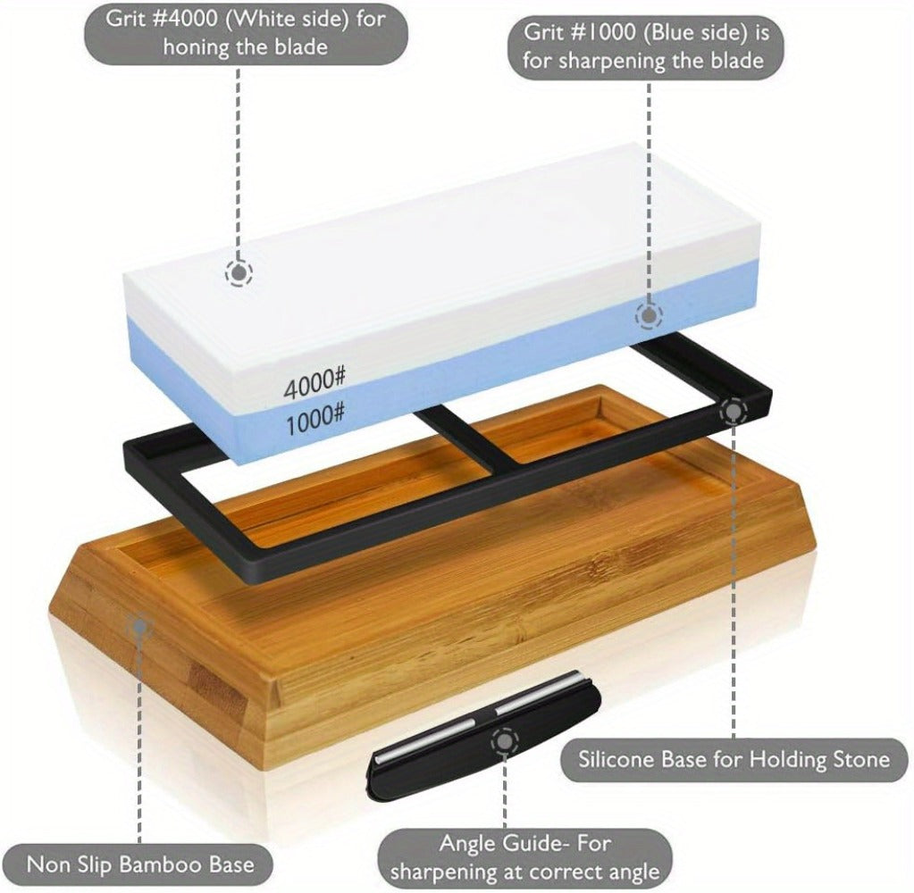 Knife Sharpening Stone 1000/4000 Grit Whetstone Set with Non-Slip Bamboo Base and Angle Guide - Dual Grit Whetstone Knife Sharpener for Kitchen Knives Chef Blades Scissors