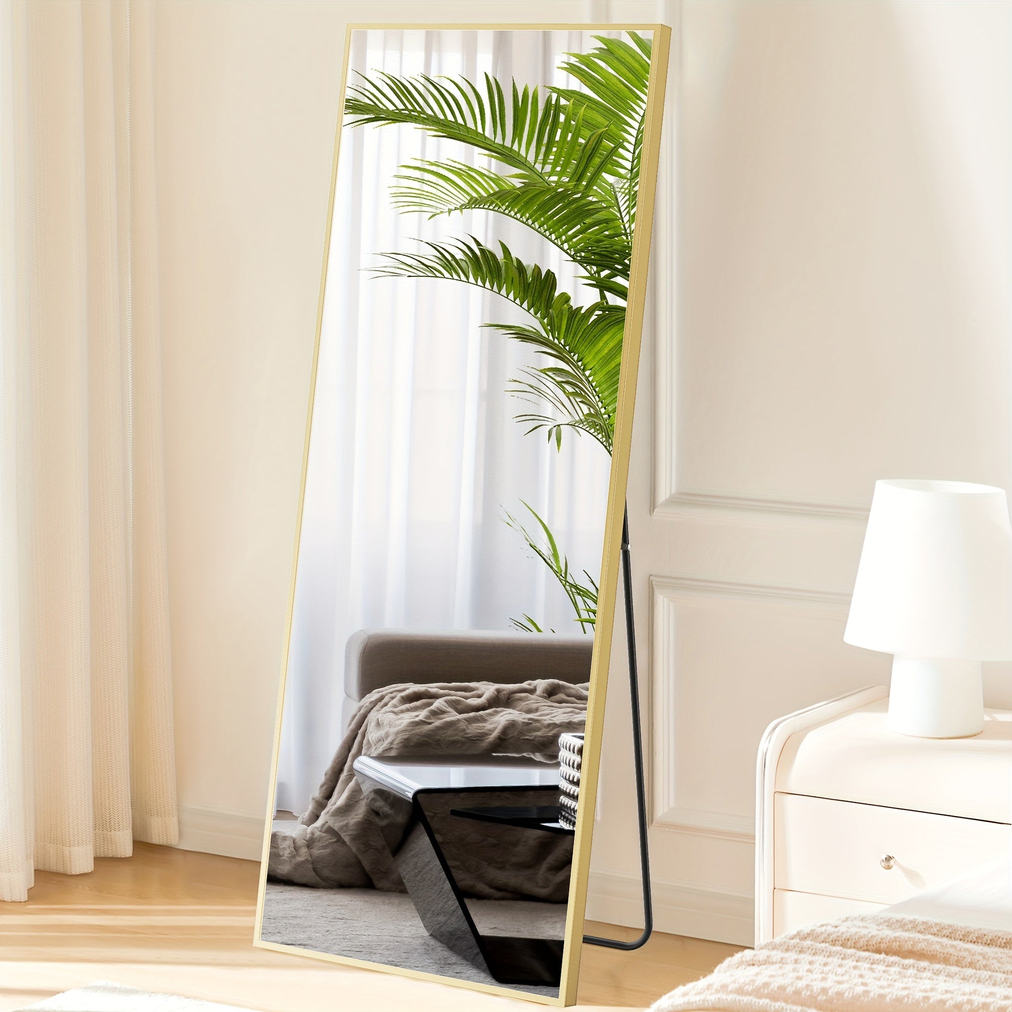 Full Length Mirror Floor Standing with LED Light - Arched & Rect Aluminum Frame Dressing Mirror for Bedroom Living Room, Black/Golden/White