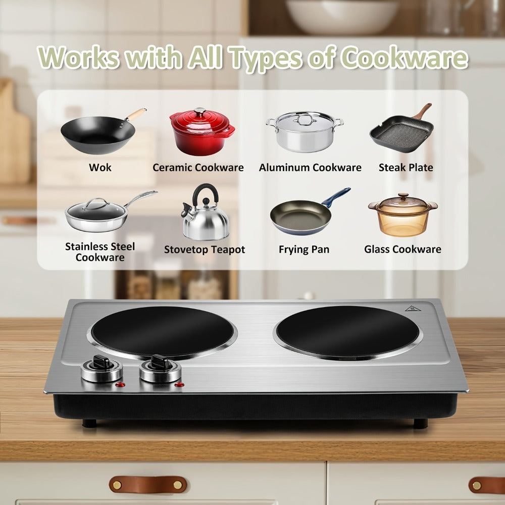 Electric Infrared Cooktop Double Burner Hot Plate ¨C 1800W Portable Dual Temperature Control, Easy-Clean Smooth Surface, Countertop Infrared Stove for Home Kitchen & Dorm, Black or Silver