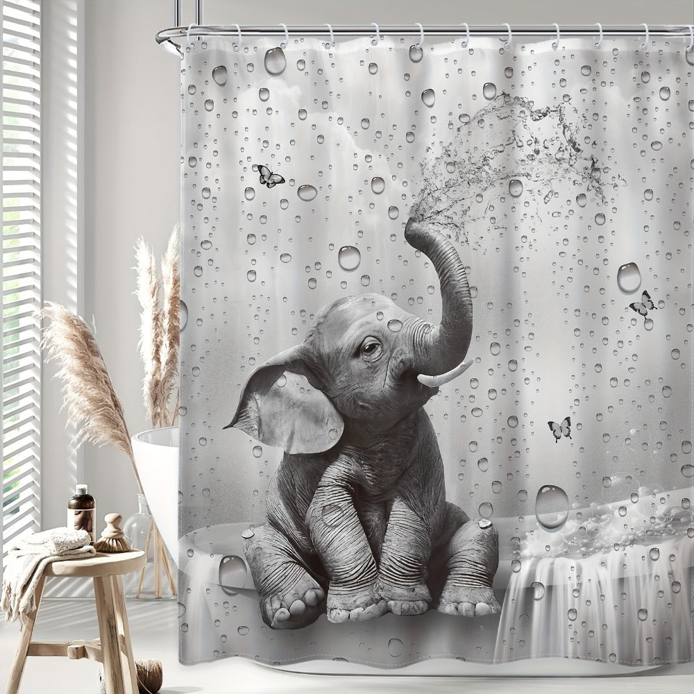 Shower Curtain Set Funny Elephant Bathroom Decor with Hooks Anti-Slip Floor Mat Toilet U-Shaped Mat African Wildlife Bath Decor Gray