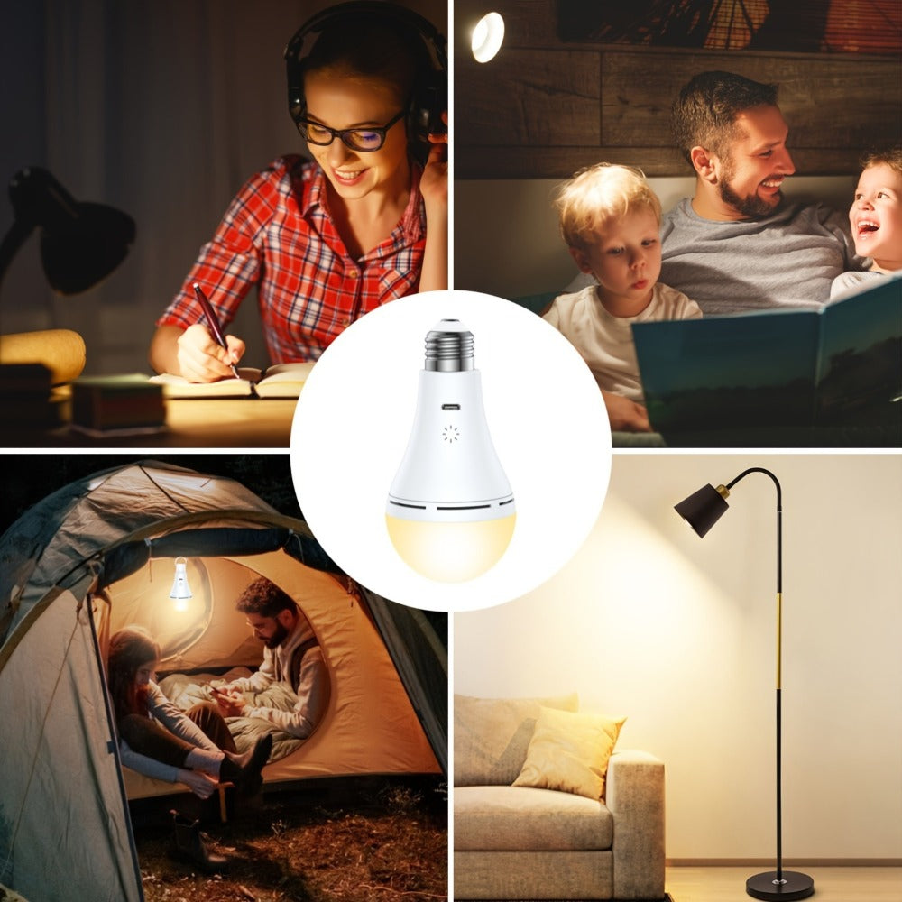 USB Rechargeable Light Bulbs 2-Pack with Remote Control Dimmable Timer 3 Color Temperatures E26 9W 350LM 2000mAh Emergency LED Bulb with Hook for Camping