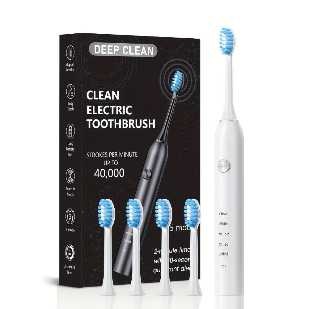 Sonic Electric Toothbrush ¨C 5 Vibration Modes, Soft Bristle, Type-C Fast Charging, Waterproof, Deep Clean & Teeth Whitening Rechargeable Power Toothbrush for Men & Women, 4 or 8 Brush Heads