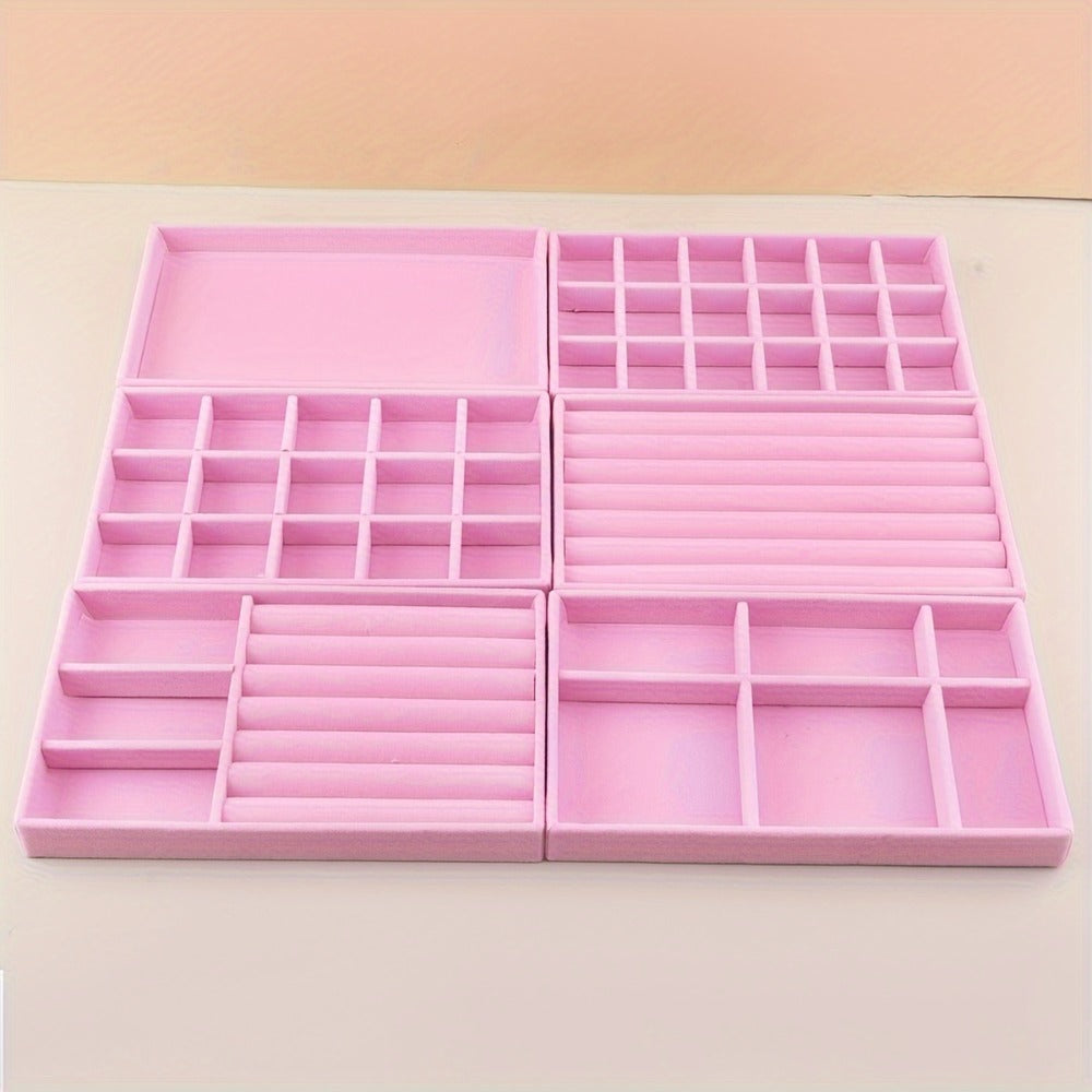 Stackable Jewelry Organizer Trays 6-Piece Set ¨C Rectangular Multi-Compartment Drawer Inserts with Removable Dividers for Earrings, Rings, Necklaces & Bracelets ¨C Tabletop Jewelry Display Case Storage
