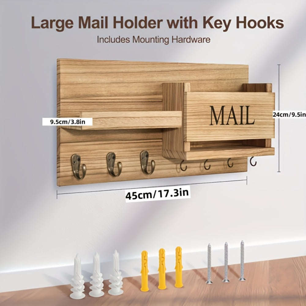 Wall Mounted Storage Rack with Mail Slot ¨C Rustic Wood Floating Shelf with Hooks for Keys, Hats & Envelopes, Decorative Organizer for Entryway, Porch, Bedroom, Bathroom & Living Room