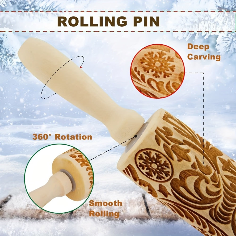 Embossed Wooden Rolling Pin with Engraved Pattern, Decorative Patterned Rolling Pin for Cookie Baking, Christmas Snowflake Flower Design Dough Roller for Fondant Pie Pastry, Baking Gift Kitchen Tool