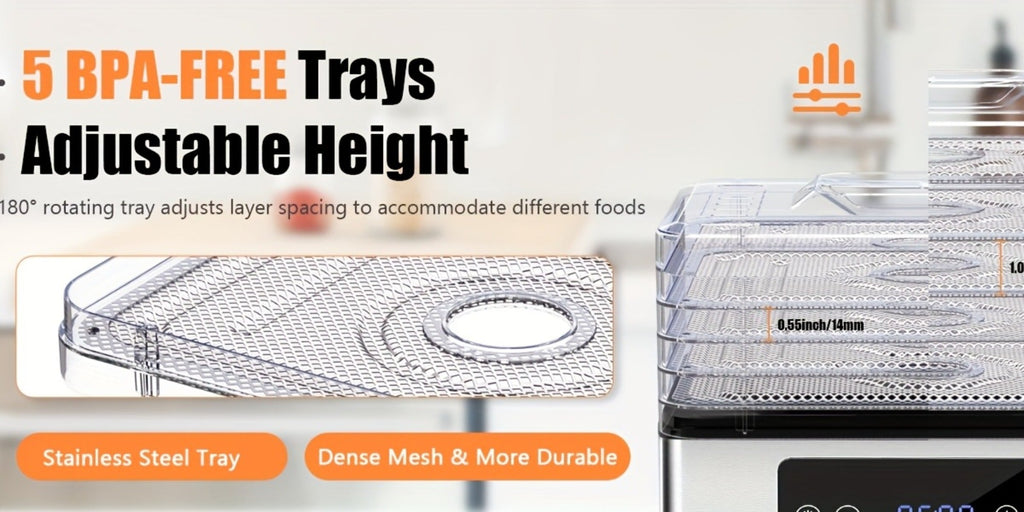 Food Dehydrator Machine 5 Stainless Steel Trays 420W with 48-Hour Timer Temperature Control 95-160¡ãF 360¡ã Airflow BPA-Free Dehydrator for Jerky Herbs Meat Fruit Mushrooms with Recipe Book