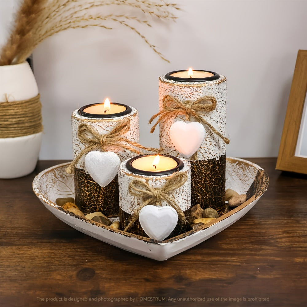 Wooden Candle Holder Set of 4 ¨C Love Heart Tray, Tea Light Holder, Knot Bow Decoration & Decorative Stone Bowl for Home Decor, Valentine's Day, Christmas & Easter Gift