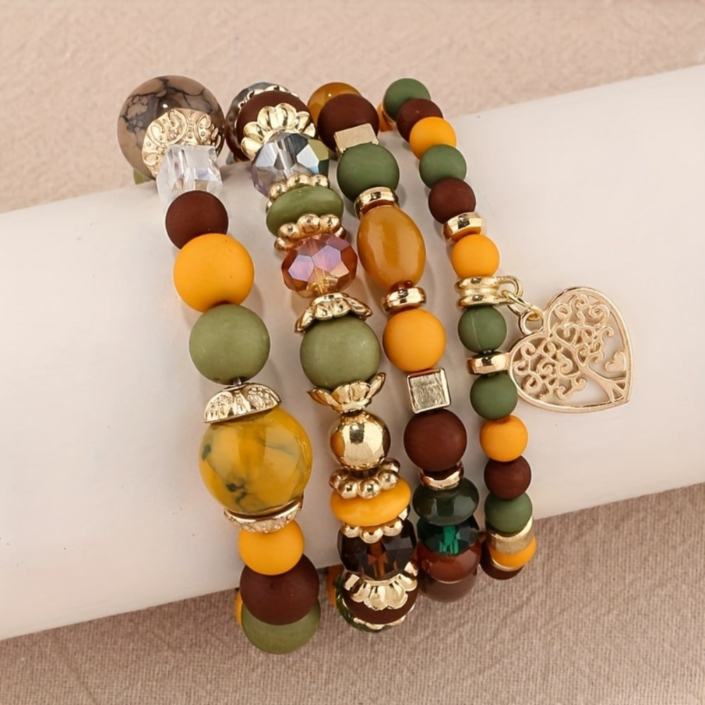 Bohemian Beaded Bracelet Set 24pcs ¨C Multi-Layer Wooden Bead Elastic Bracelets with Butterfly Elephant Tree Pendant, Handmade Colorful Tassel Wristbands for Women Men, Party Gift & Daily Wear