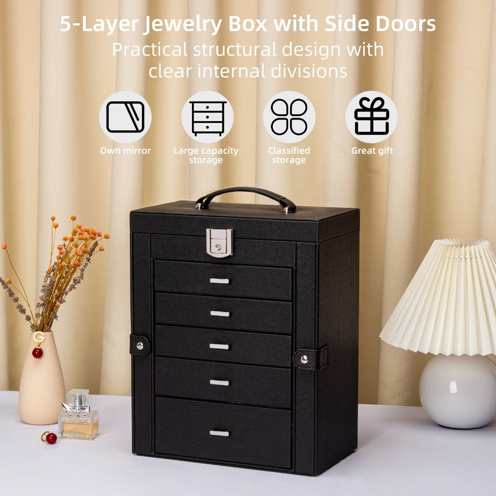 Jewelry Box 6 Tier with 5 Drawers Mirror & Lock | Large Jewelry Organizer Storage Case Gift for Women