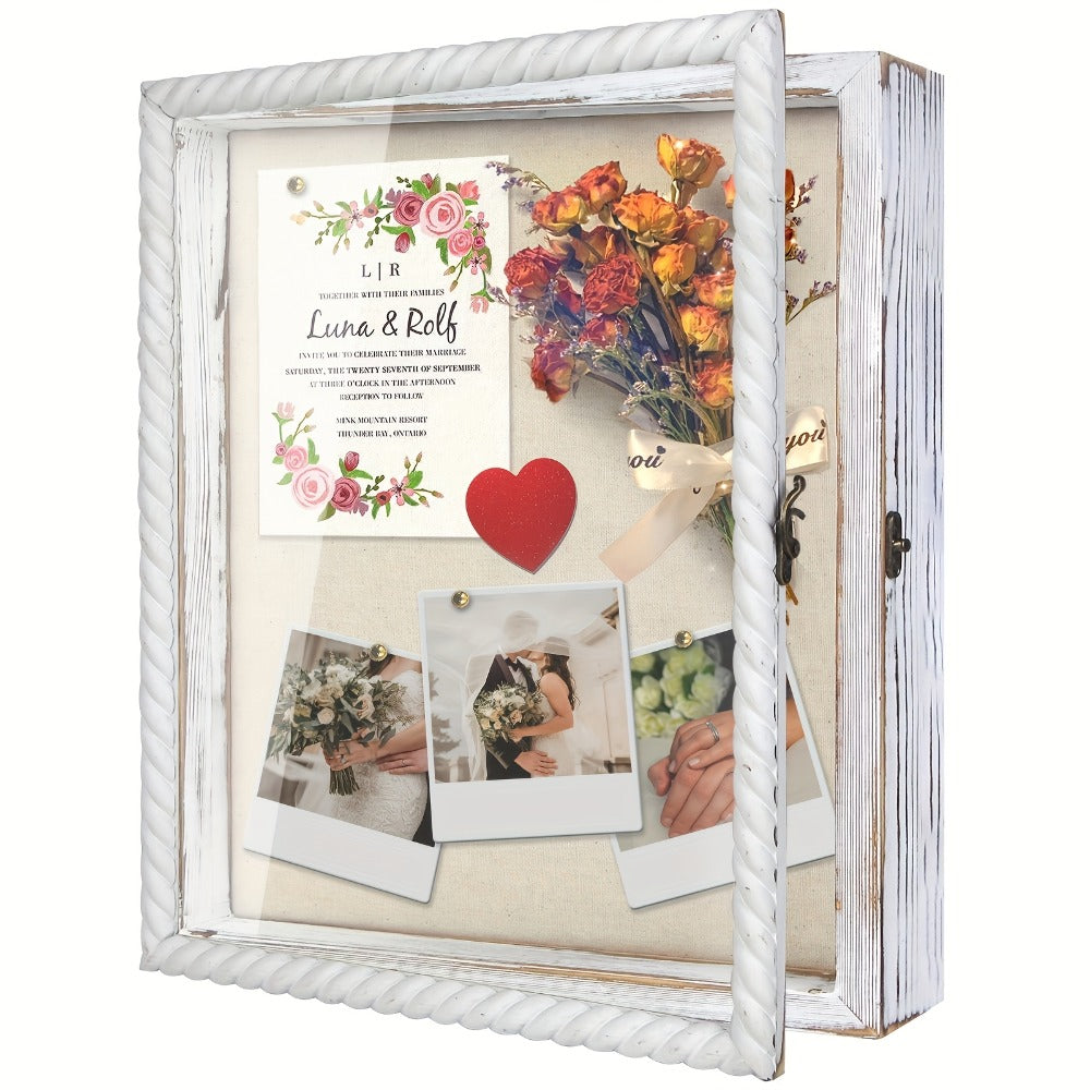 Shadow Box Frame with Linen Back ¨C Large Rustic Memory Display Case 11x14 & 12x16 Inch for Photos, Medals, Coins, Pins, Flowers & Collectibles, 4 Removable Shelves, Black White Brown