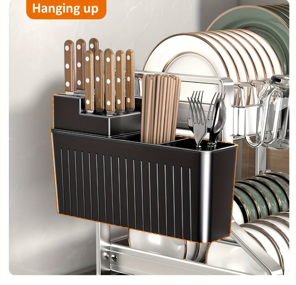 Stainless Steel 2-Tier Dish Rack with Auto Drainage | Rust-Resistant Kitchen Drying Rack for Dishes, Bowls, Cups & Utensils