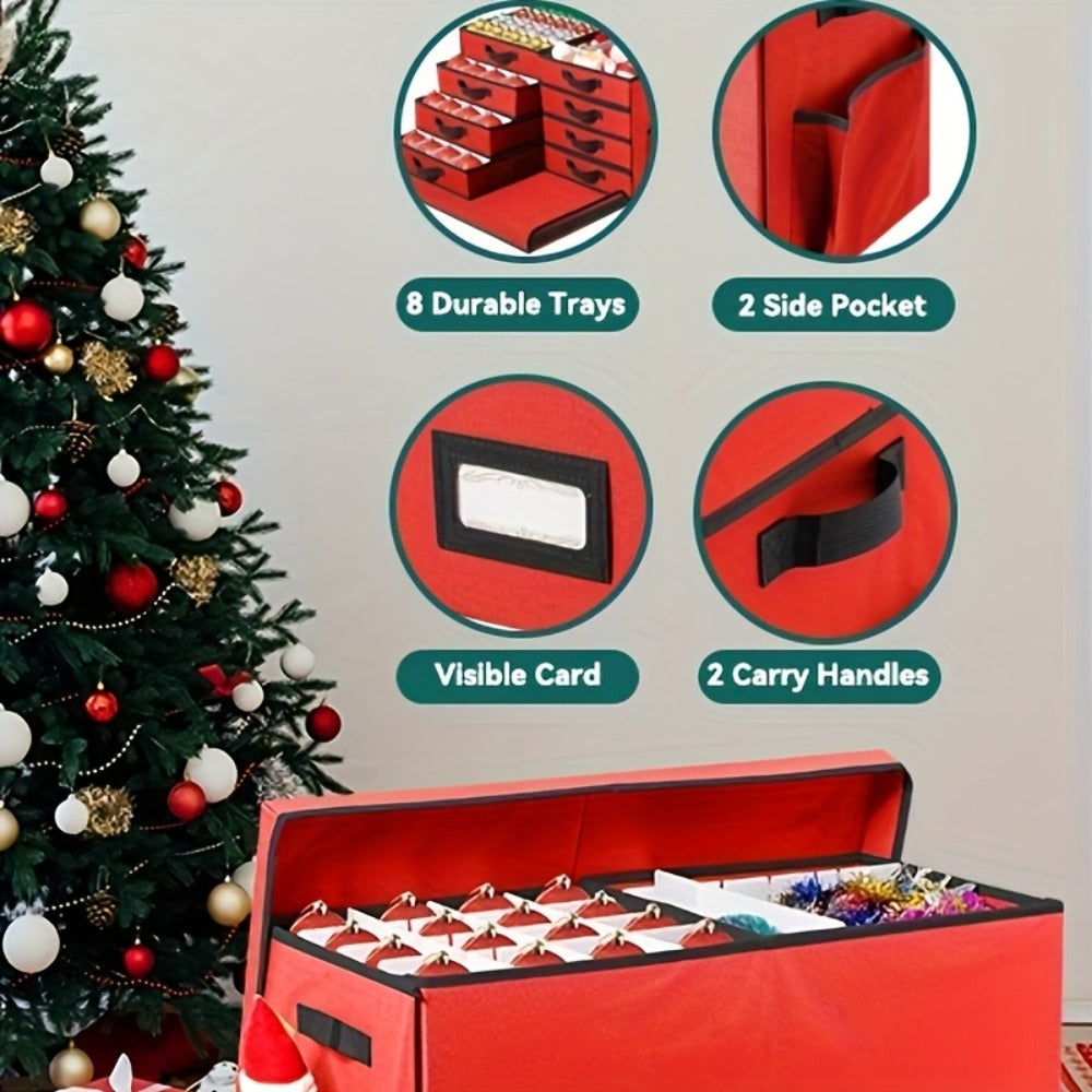 Christmas Ornament Storage Box 128 Slots 8 Trays Stackable Large Capacity Holiday Organizer with Lid Side Open Adjustable Dividers Removable Trays Red Green