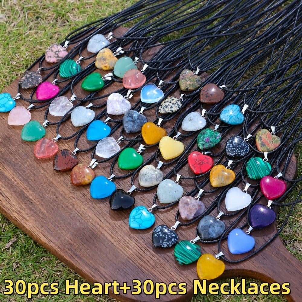 Crystal Natural Stone Pendant Necklace Set Bulk 60Pcs 30Sets Hexagonal Shaped Assorted Color for Jewelry Making Craft DIY Daily Wear Gift