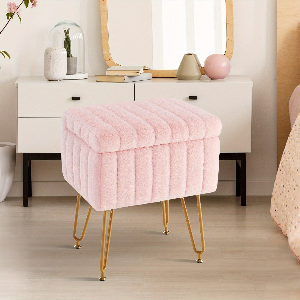 Faux Fur Storage Ottoman Stool ¨C Soft Furry Vanity Seat with Storage, 4 Metal Legs & Non-Slip Feet ¨C Cute Modern Multi-Function Chair for Bedroom, Vanity & Living Room