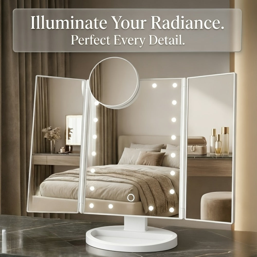 LED Tri-Fold Makeup Mirror with Touch Screen ¨C 1X/2X/3X/10X Magnifying Vanity Mirror, Flexible Adjustable Base, Lighted Travel Mirror for Makeup Desk, Bedroom & Bathroom | Gift for Women