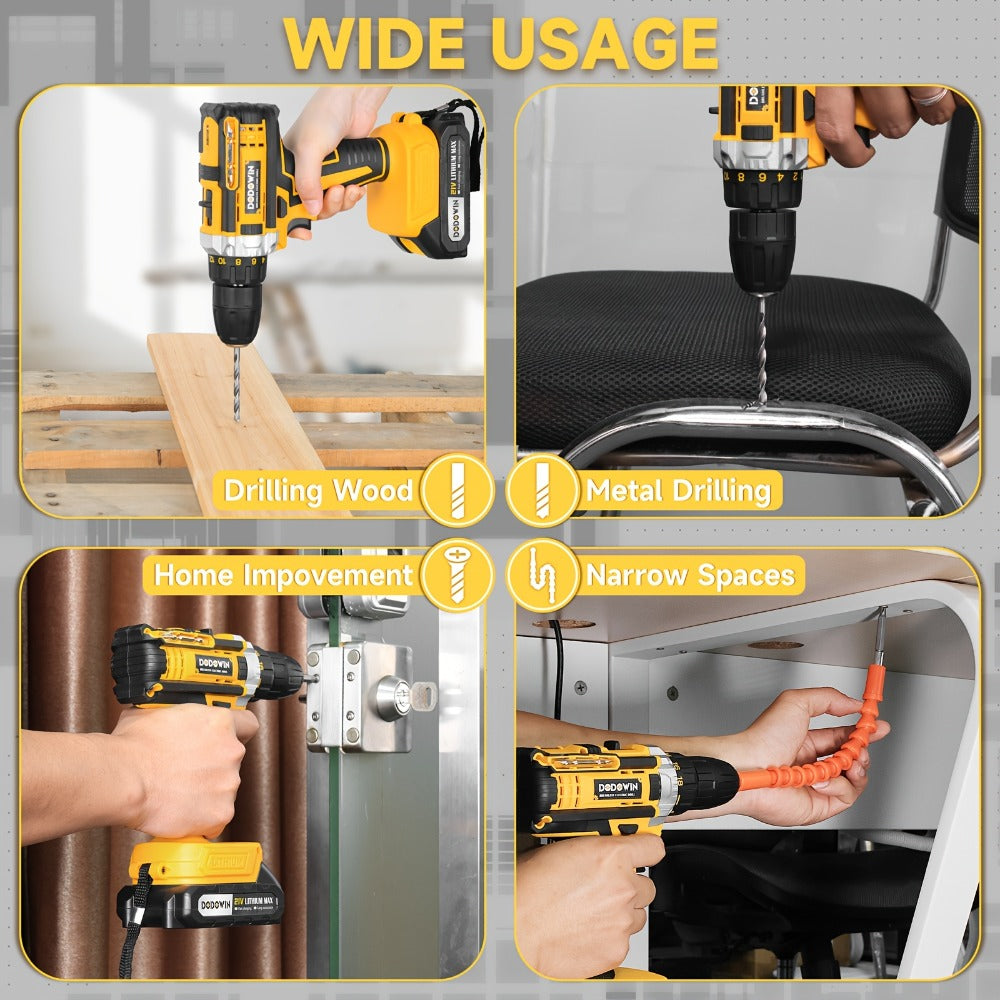 Cordless Impact Drill Set 12V / 21V Electric Drill Kit ¨C 45Nm Torque, 2-Speed, Keyless Chuck, LED Light, Battery & Charger Included, Up to 115pcs Accessories for Home Repair, DIY & Construction