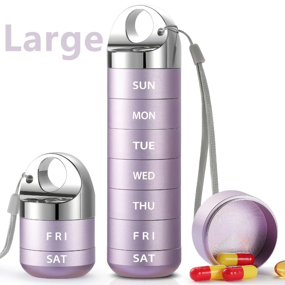 Weekly Pill Organizer Waterproof, Large Aluminum Alloy 7-Day Pill Box for Medications Vitamins Supplements, Portable Travel Pill Case, Blue Black Pink Gray Purple