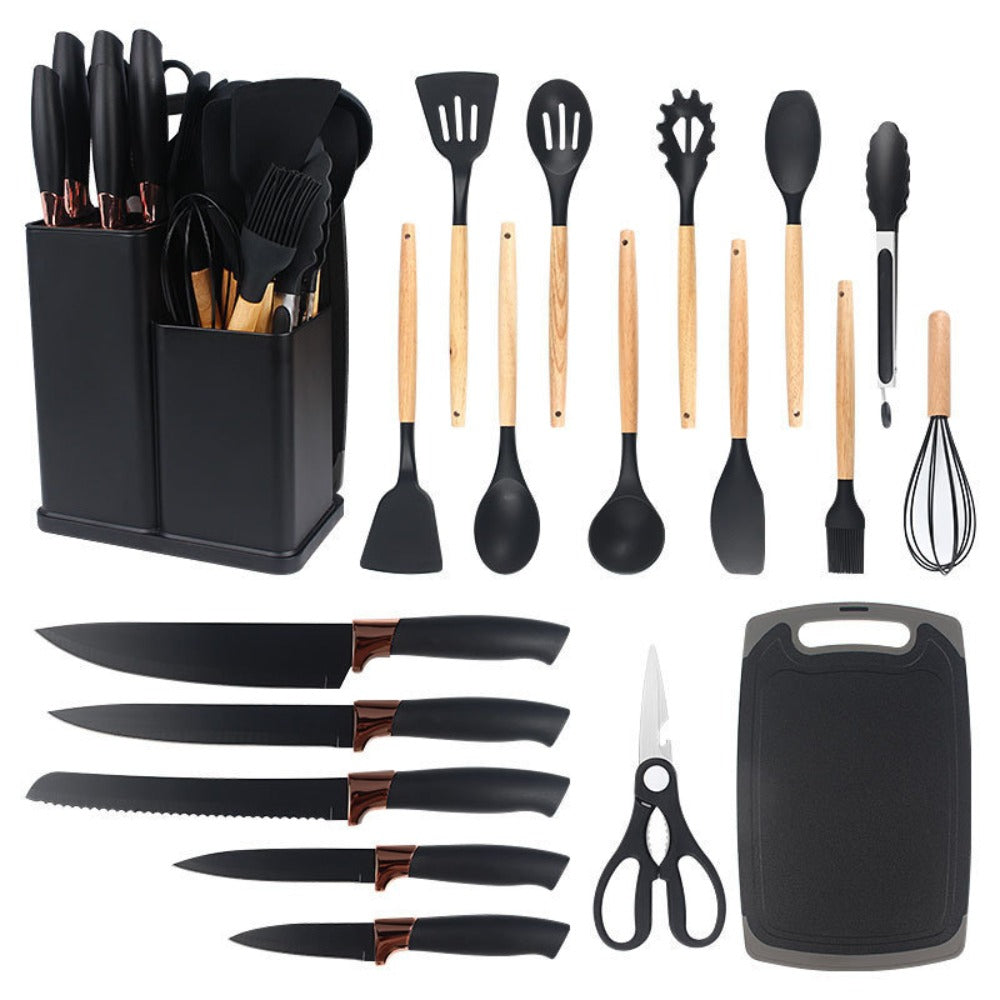 19-Piece Non-Stick Silicone Cookware Set with Bamboo Storage, Knives & Wooden Handle ¨C Pots, Pans & Utensils for Induction & Oven