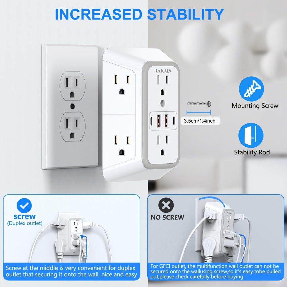 Outlet Splitter Wall Expander 10-in-1 with 6 AC Outlets 2 USB-A 2 USB-C Ports 3-Sided Plug Extender Surge Protector Night Light Compact Space-Saving Design for Home Dorm Apartment Office