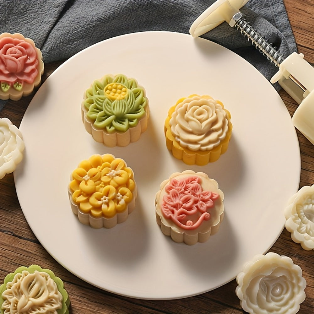 Mooncake Mold 7pcs Set, 50g Hand Press Moon Cake Maker with 6 Flower Pattern Stamps, Mid-Autumn Festival Cookie Stamp Pastry Tool, Plastic Mooncake Press Mold for DIY Baking