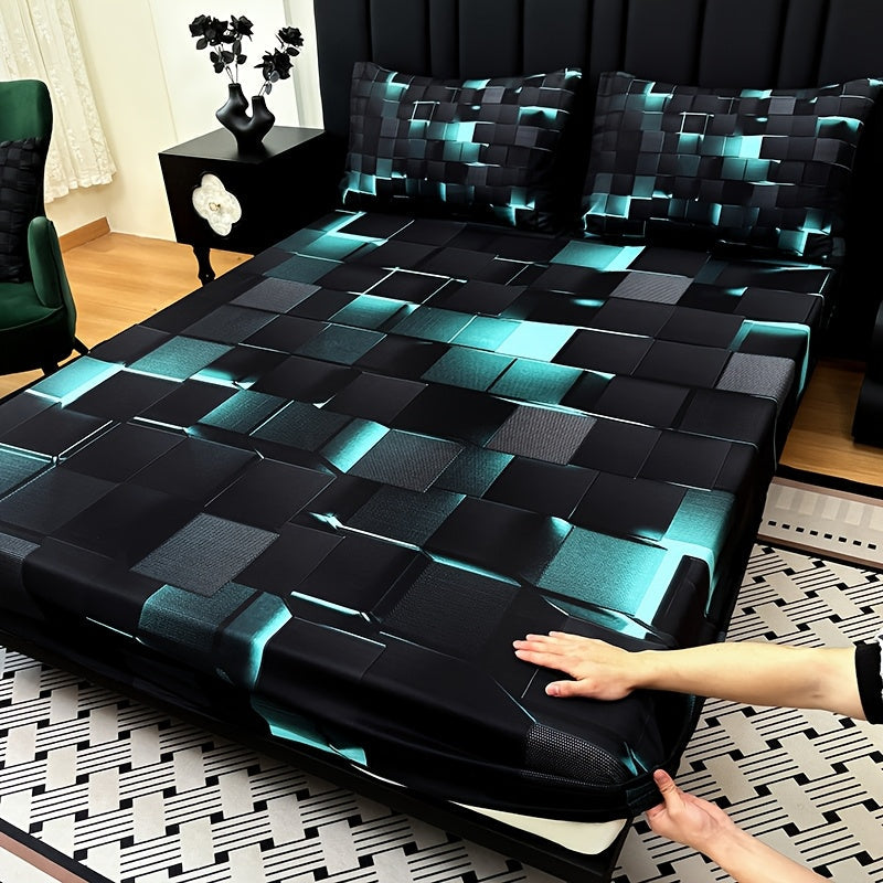 Fitted Sheet Set 3pcs Plaid Digital Print Deep Pocket 15¡± All Season Bed Sheet + 2 Pillowcases No Filling Twin Full Queen King