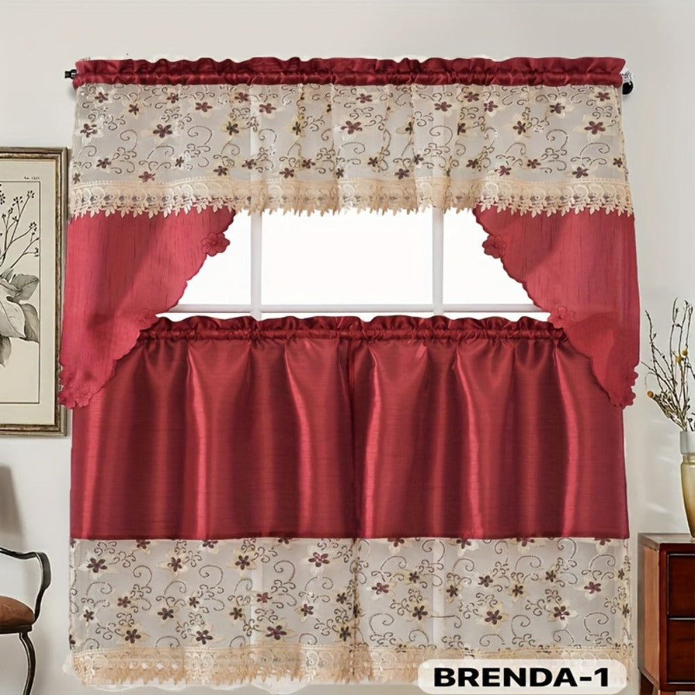 Kitchen Curtains 3 Piece Set Embroidered Satin Valance and Tiers - Rod Pocket Light Filtering Machine Washable 46 Colors Available All Season Home Decor