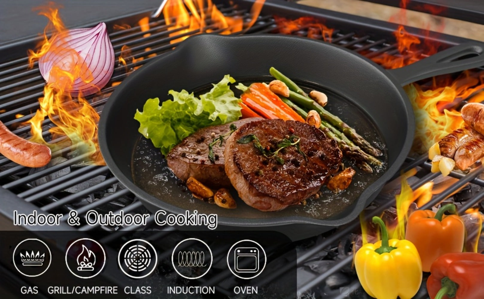 Cast Iron Skillet Set 3pcs - Non-Stick with Drip Spout, Pre-Seasoned Cookware for Holiday Cooking RV Campfire Outdoor Grilling, Heavy Duty Kitchen Frying Pan Set