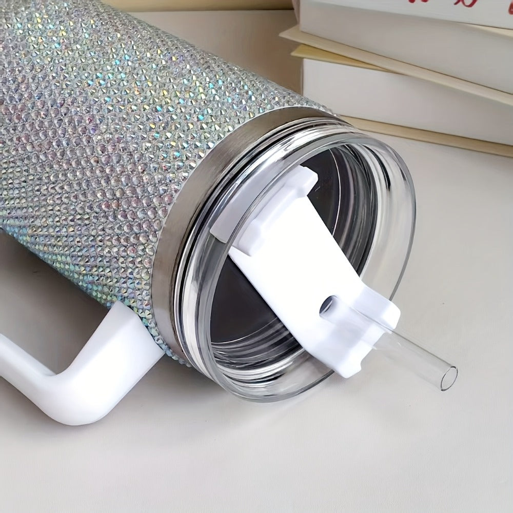 Bling Diamond Tumbler 40 Oz ¨C Studded Rhinestone Stainless Steel Insulated Travel Mug with Handle & Straw Lid ¨C Fits Car Cup Holders ¨C Glamorous Gift for Women ¨C Silver