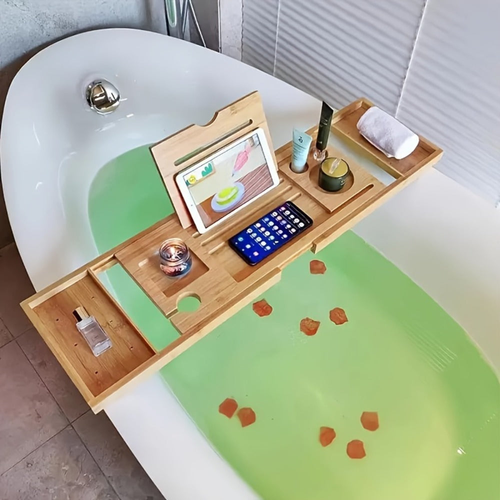 Bamboo Bath Caddy Tray with Adjustable Reading Rack - Expandable Bathtub Tray, Water-Resistant, Space-Saving Bathtub Organizer for Books, Tablets & Bath Essentials