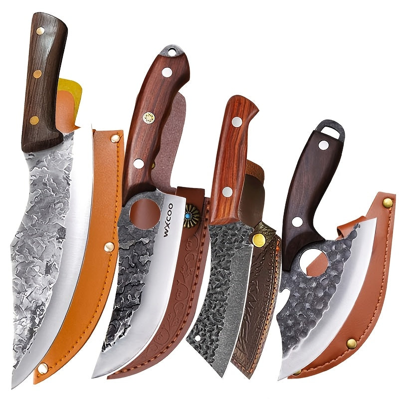 Viking Chef Knife Set 3/4pcs Hammered Stainless Steel Kitchen Knives ¨C Boning, Utility & BBQ Knife with Wooden Handle for Cooking, Camping & Outdoor