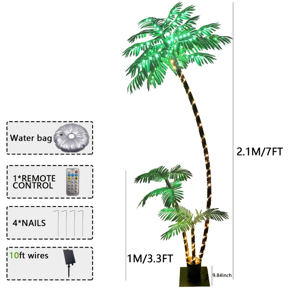 Solar Powered Artificial Palm Tree 7ft Triple Trunk 260 LED Lights 8 Modes Dimmable Timer 2200mAh Battery Metal Base Outdoor Indoor Decor Tiki Bar Patio Beach Garden Christmas Halloween Party