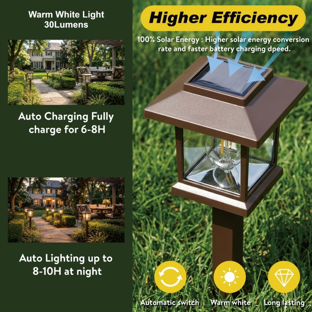 Solar Pathway Lights Outdoor Edison Style LED ¨C Up to 12 Hours Auto On/Off IP44 Waterproof | Warm White Solar Garden Lights for Yard, Driveway & Walkway | Black & Brown Upgraded Stake Lights