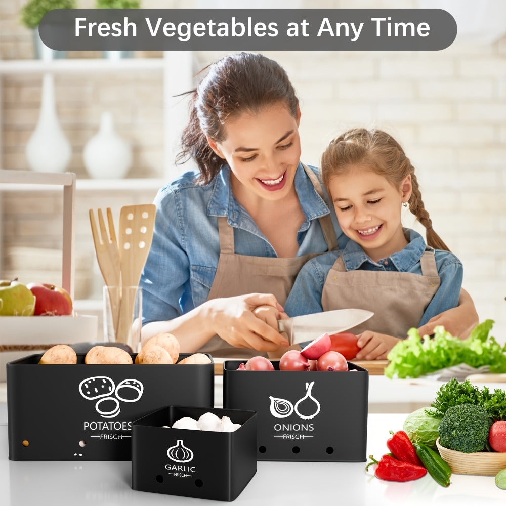 Vegetable Storage Box Set 3 Piece ¨C Potato Onion Garlic Organizer Canisters with Flip-Top Lid, Metal Pantry Kitchen Food Storage Containers