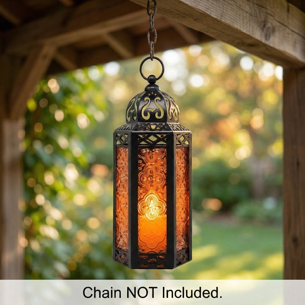 Moroccan Candle Lantern Holder - Decorative Metal & Glass Lantern with Embossed Floral Design for Indoor Home Decor, Garden, Patio, Weddings, Ramadan, Halloween & Holiday Celebrations - 10.5¡± Tall Medium Size