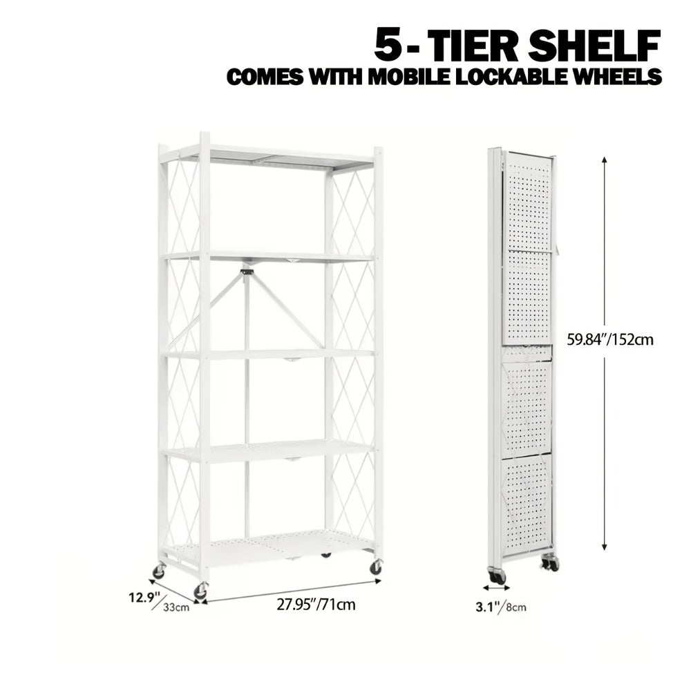 Foldable Storage Rack with Lockable Wheels 3 4 5 Tier Carbon Steel No Assembly Space Saving Floor Standing Shelf for Bedroom Balcony Garden