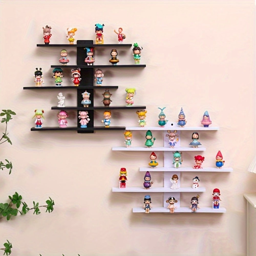 5-Tier Wall Mounted Floating Display Shelf Adjustable Fiberboard | Modern Decorative Storage Rack for Action Figures Building Blocks Collectibles Dolls Statues Home Office Shelving Unit Black White