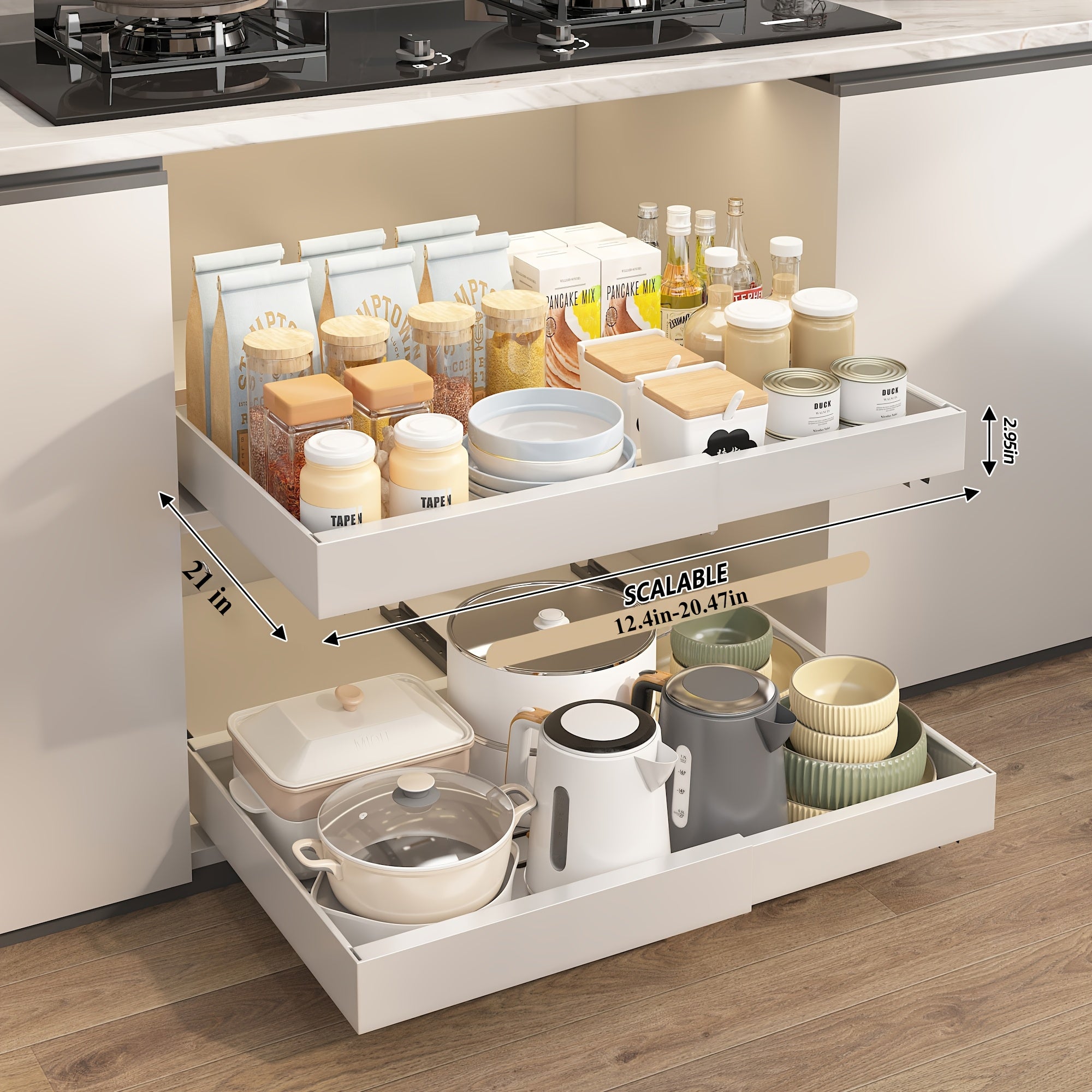 Expandable Pull-Out Cabinet Organizer Under Sink Storage Drawer Rack 2-Pack Adjustable Kitchen Shelf Organizer for Pots Pans Spices