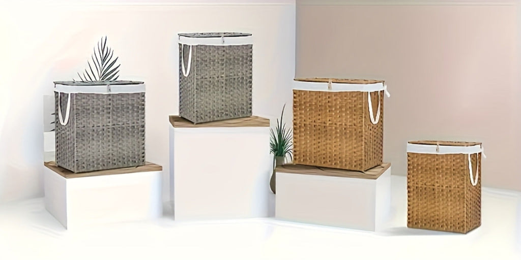 Laundry Basket with Lid - Large Foldable Rattan Hamper with Removable Washable Liner, Sturdy Steel Frame, for Bathroom Bedroom, Goose Yellow or Dove Gray