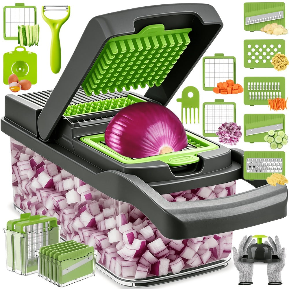 Vegetable Chopper 18-in-1 Multifunctional Food Chopper & Mandoline Slicer with Container ¨C Onion Dicer, Adjustable Cutter for Kitchen Meal Prep, Gray